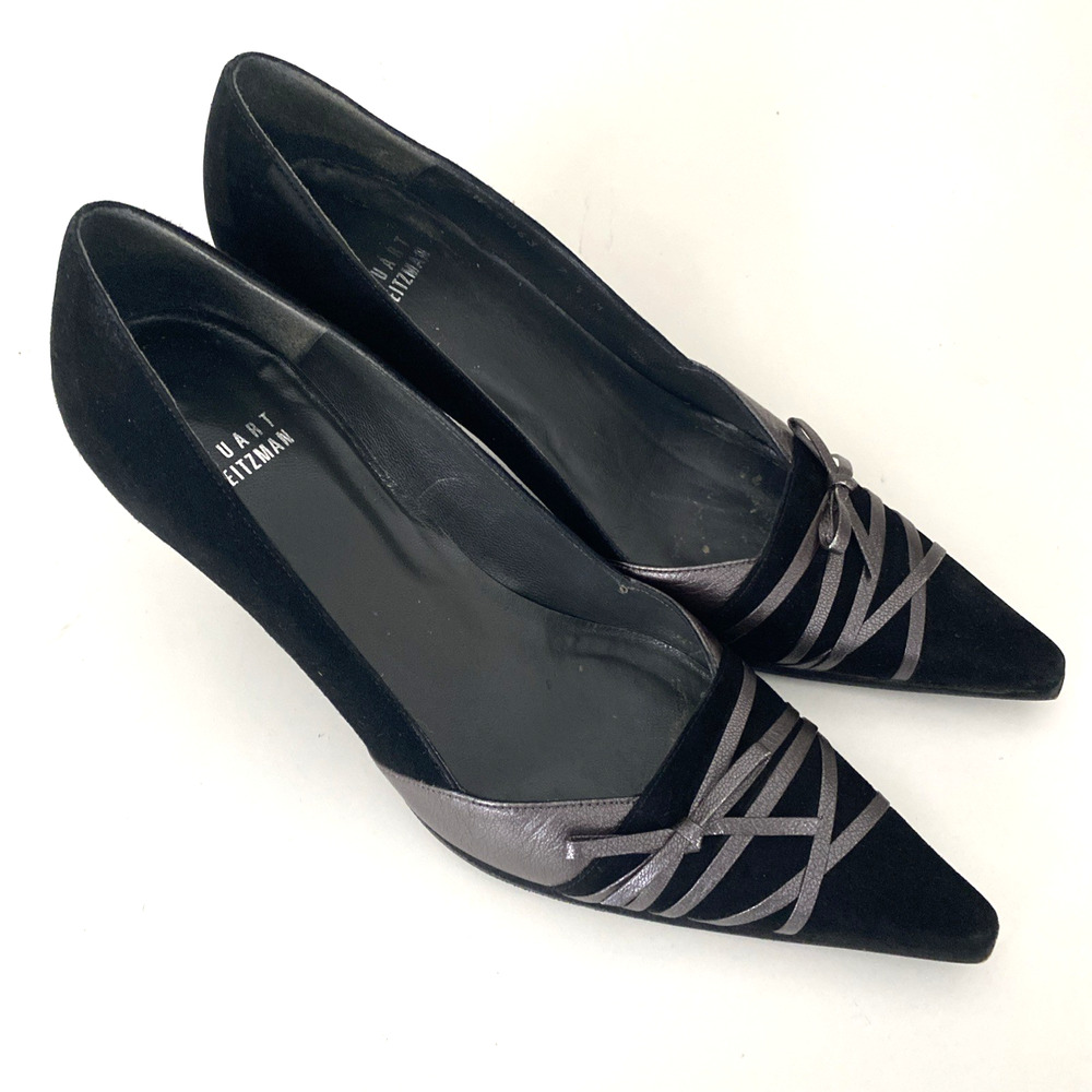 Stuart Weitzman Pump Black Suede Silver Pewter Leather Bow Pointed Toe Lace 7.5 - Picture 2 of 9